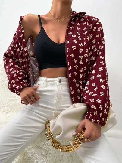 SHEIN Privé 蝴蝶結圖案雙口袋拉鍊夾克