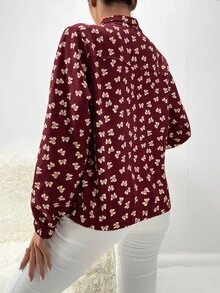 SHEIN Privé 蝴蝶結圖案雙口袋拉鍊夾克 - 酒紅色 - 查看 2