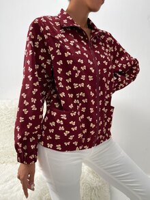 SHEIN Privé 蝴蝶結圖案雙口袋拉鍊夾克 - 酒紅色 - 查看 3