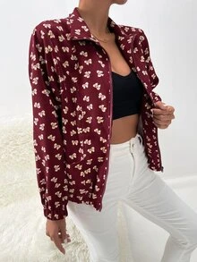 SHEIN Privé 蝴蝶結圖案雙口袋拉鍊夾克 - 酒紅色 - 查看 4