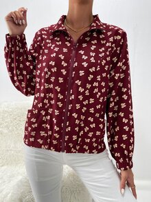 SHEIN Privé 蝴蝶結圖案雙口袋拉鍊夾克 - 酒紅色 - 查看 5