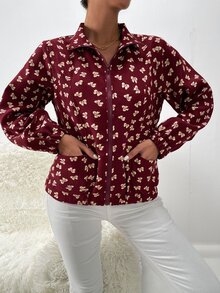 SHEIN Privé 蝴蝶結圖案雙口袋拉鍊夾克 - 酒紅色 - 查看 6