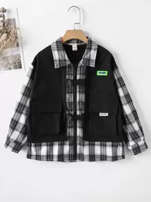 女孩字母貼布格紋側翻蓋口袋搭扣假兩件外套