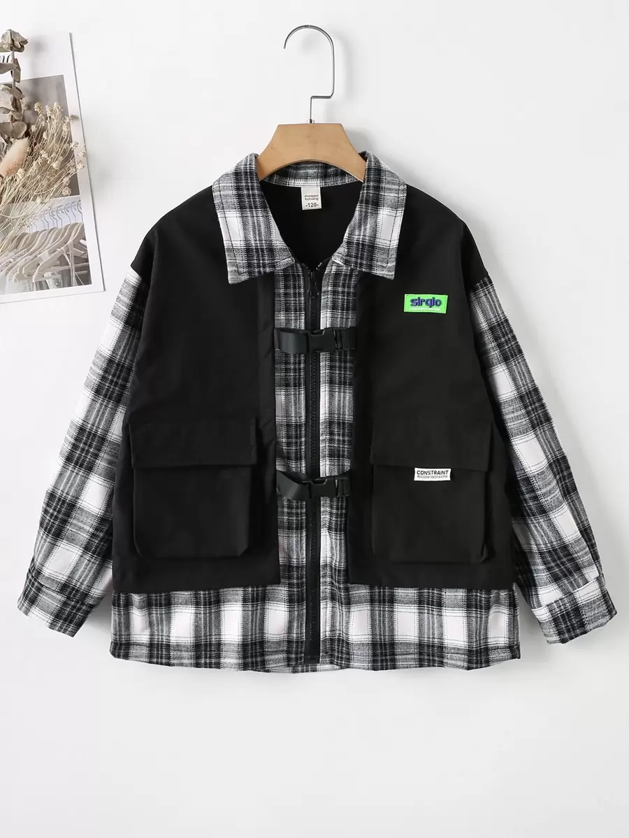 女孩字母貼布格紋側翻蓋口袋搭扣假兩件外套