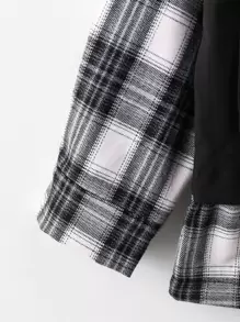 女孩字母貼布格紋側翻蓋口袋搭扣假兩件外套