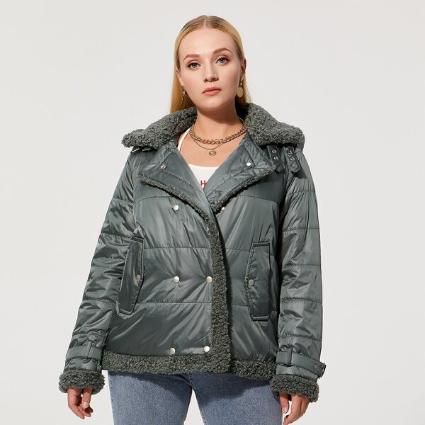 

Plus Contrast Teddy Double Button Hooded Winter Coat, Green
