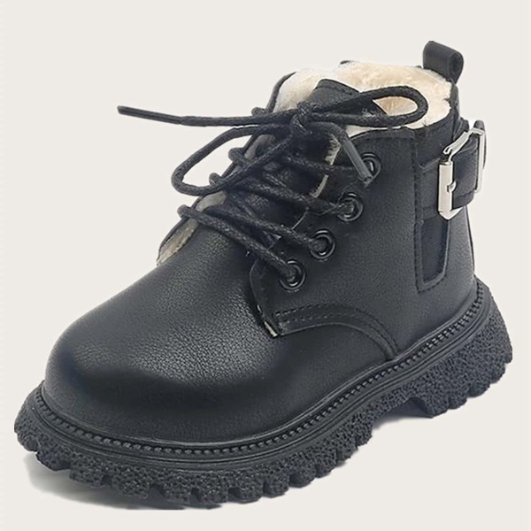 

Girls Buckle Decor Lace-up Front Plush Inside Boots, Black