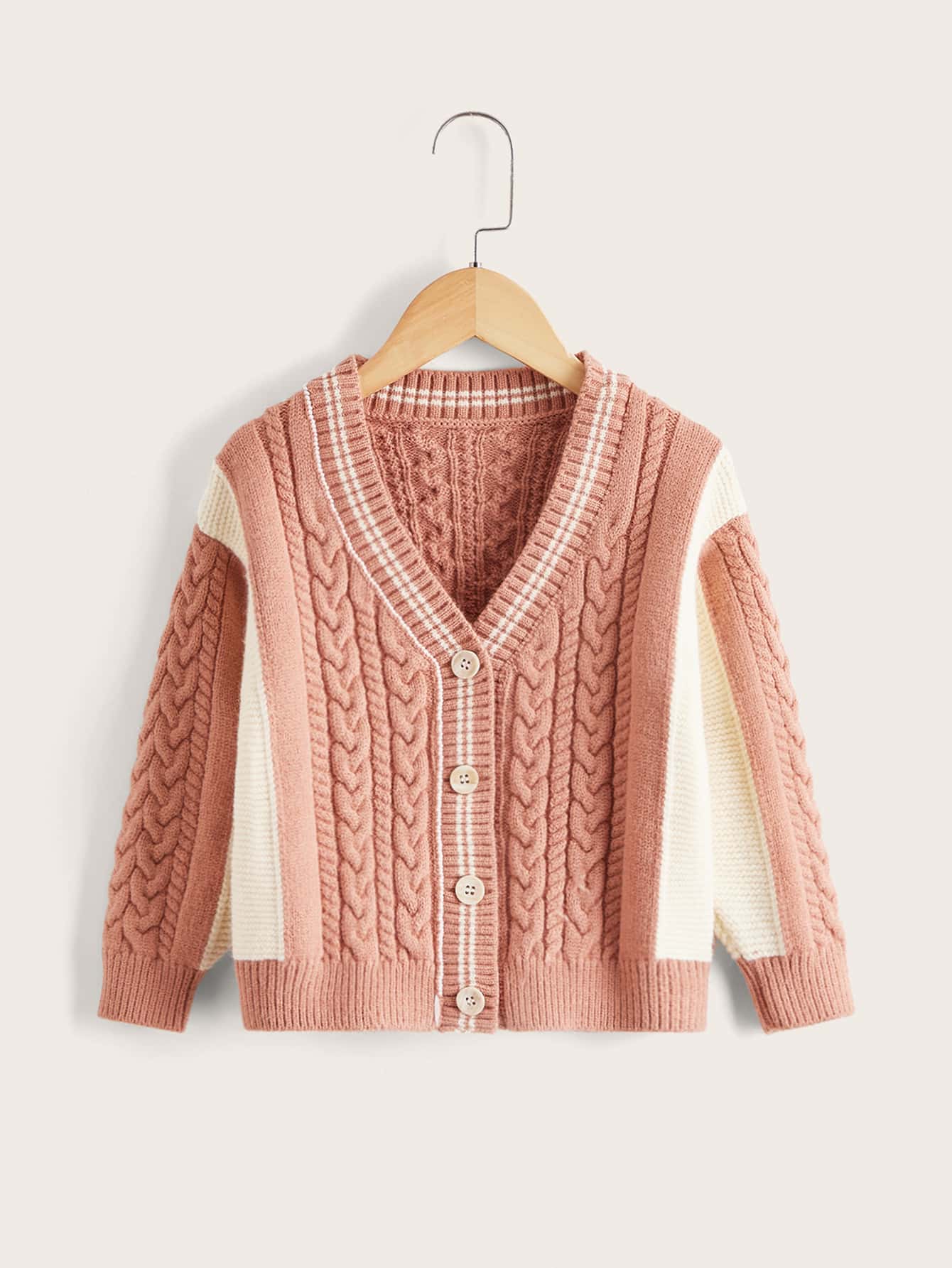 小男童拼接面條紋飾邊麻花編織落肩袖開襟衫 - 珊瑚橙 - 查看 1