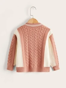 小男童拼接面條紋飾邊麻花編織落肩袖開襟衫 - 珊瑚橙 - 查看 2