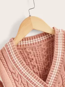 小男童拼接面條紋飾邊麻花編織落肩袖開襟衫 - 珊瑚橙 - 查看 3