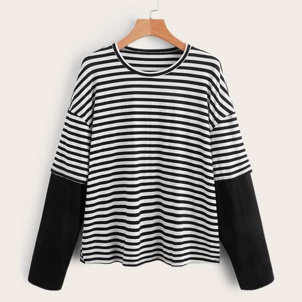 

Striped Print Drop Shoulder 2 In 1 Tee, Black and white