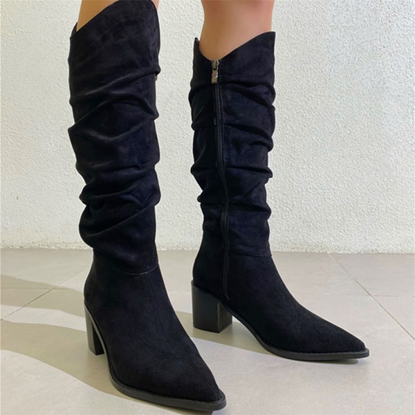 

Suede Side Zipper Chunky Slouchy Boots, Black