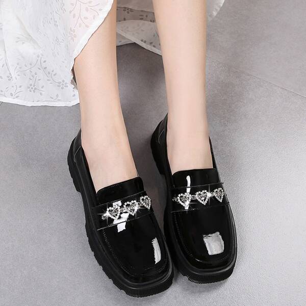 

Rhinestone Decor Square Toe Loafers, Black
