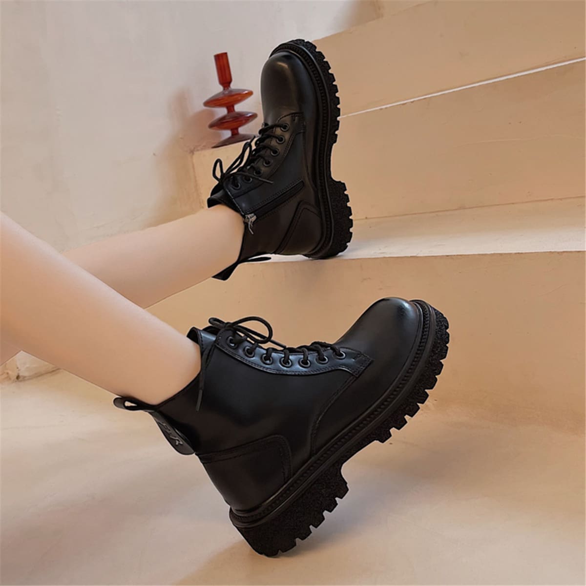 

Side Zip Lace Up Front Combat Boots, Black