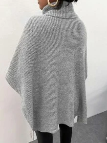 Poncho cuello alto tejido de canalé sin cinturón - Gris - Ver 2