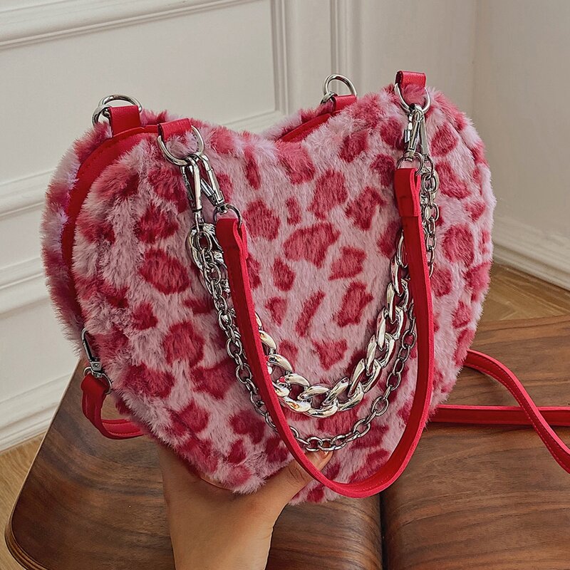 

Leopard Heart Design Fluffy Shoulder Bag, Multicolor