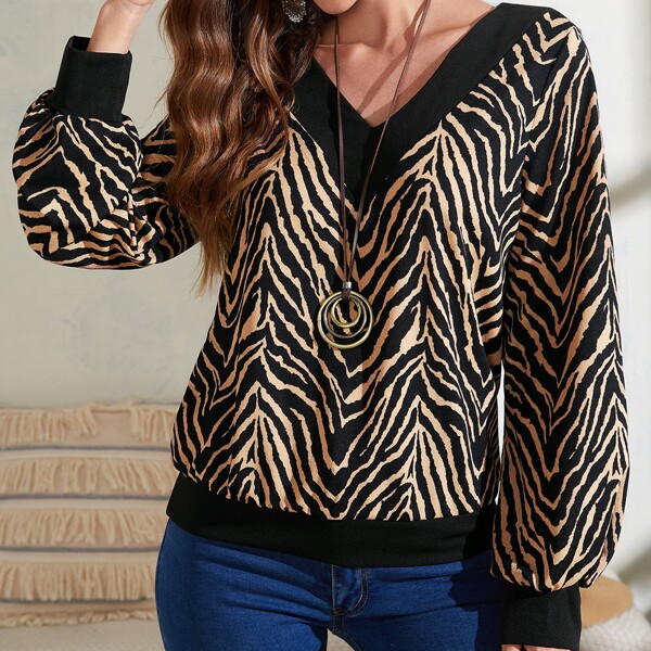 

Zebra Striped Lantern Sleeve Pullover, Multicolor