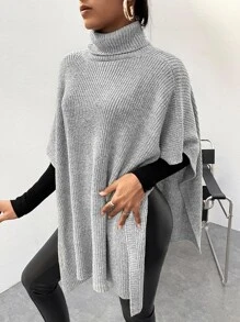 Poncho cuello alto tejido de canalé sin cinturón - Gris - Ver 3