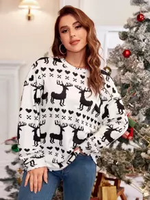 Christmas Print Drop Shoulder Sweatshirt - Black and White - View 1