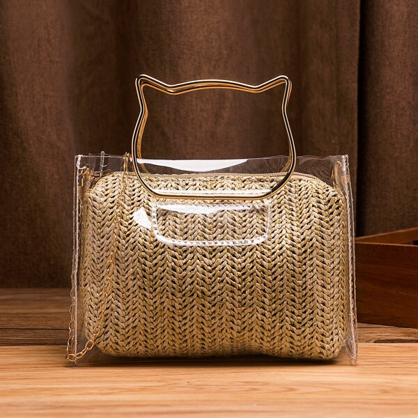 

Clear Square Bag With Straw Inner Pouch, Khaki