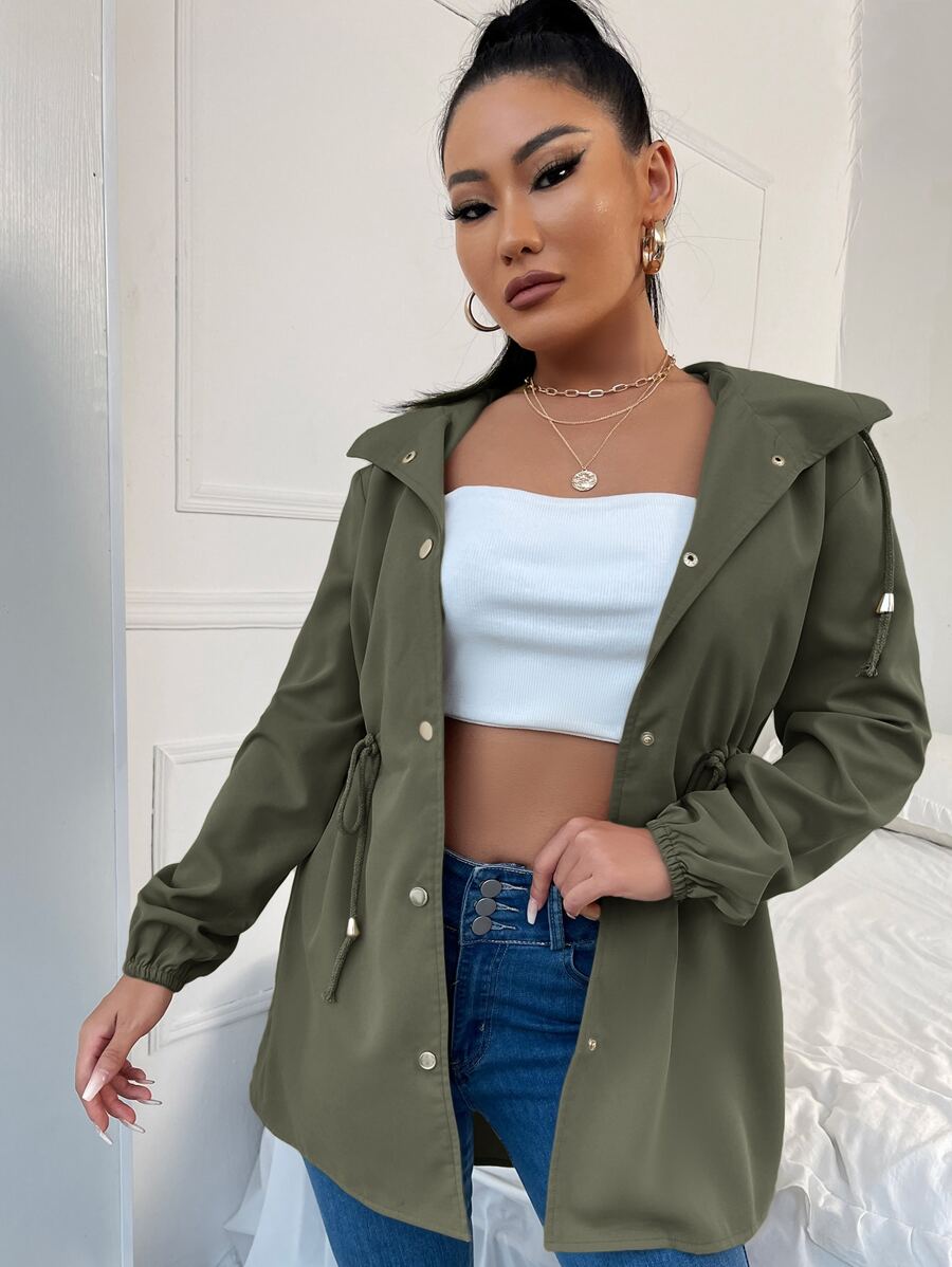 RueChic Drawstring Waist Drop Shoulder Hooded Coat - Army Green - View 1