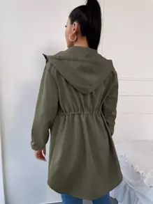 RueChic Drawstring Waist Drop Shoulder Hooded Coat - Army Green - View 2