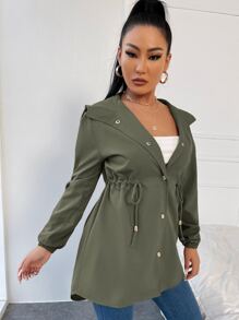 RueChic Drawstring Waist Drop Shoulder Hooded Coat - Army Green - View 3