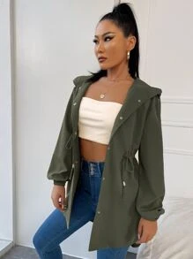 RueChic Drawstring Waist Drop Shoulder Hooded Coat - Army Green - View 5