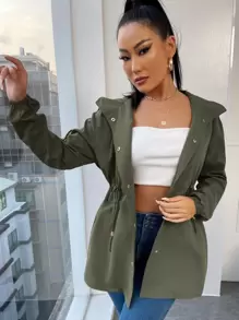 RueChic Drawstring Waist Drop Shoulder Hooded Coat - Army Green - View 6