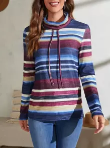 Color Block High Neck Drawstring Tee - Multicolor - View 1