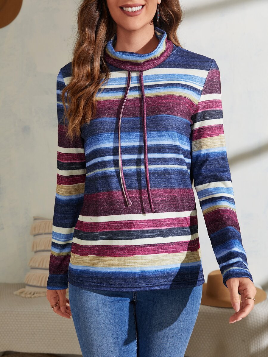 Color Block High Neck Drawstring Tee - Multicolor - View 1