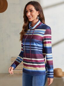 Color Block High Neck Drawstring Tee - Multicolor - View 4