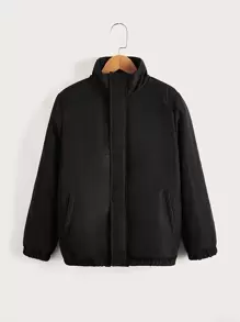 SHEIN Tween Boy Solid Elastic Hem Padded Coat - Black - View 1