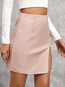 Kitty & Rhodes High Waist Split Hem PU Leather Skirt - Baby Pink - View 4