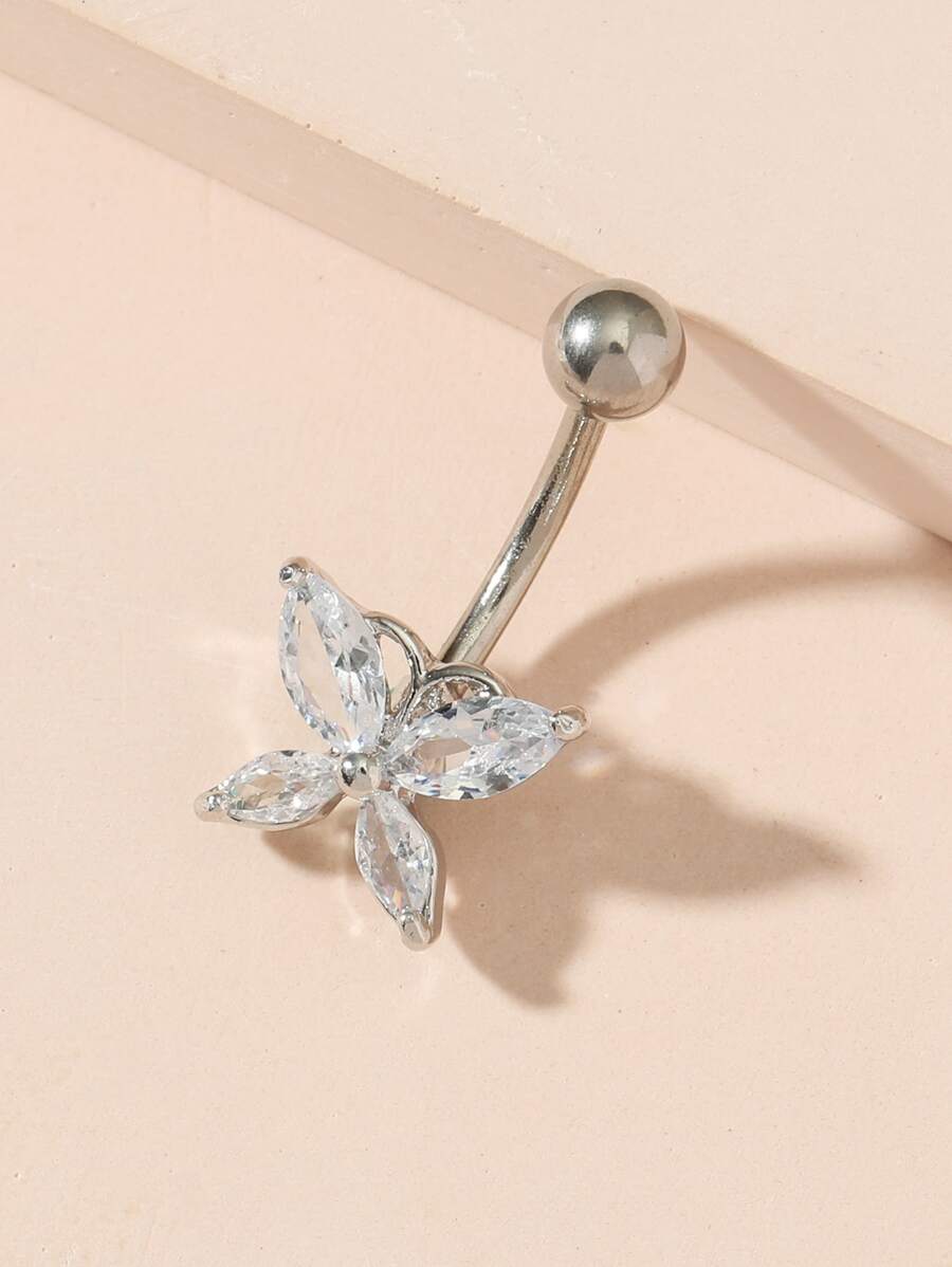 Anillo de ombligo con decoración de mariposa de circonita cúbica, joyería de piercing de cuerpo punk de moda unisex - Plateado - Ver 1