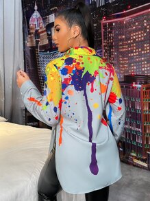 SHEIN LUNE 飛濺繪畫印花開衩側襯衫 - 灰色 - 查看 2