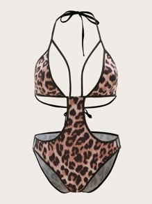 Plus Leopard Cut-out Teddy Bodysuit - Multicolor - View 1