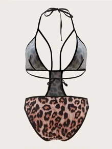 Plus Leopard Cut-out Teddy Bodysuit - Multicolor - View 2