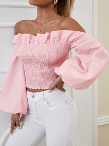 SHEIN Privé Off Shoulder Ruffle Trim Shirred Crop Blouse - Baby Pink - View 1