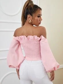 SHEIN Privé Off Shoulder Ruffle Trim Shirred Crop Blouse - Baby Pink - View 2