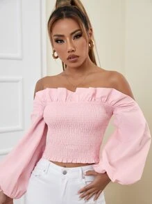 SHEIN Privé Off Shoulder Ruffle Trim Shirred Crop Blouse - Baby Pink - View 3