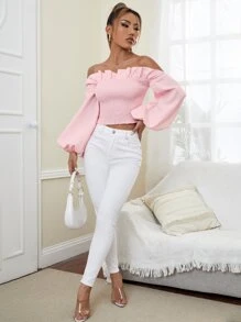 SHEIN Privé Off Shoulder Ruffle Trim Shirred Crop Blouse - Baby Pink - View 4