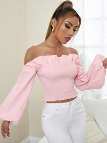 SHEIN Privé Off Shoulder Ruffle Trim Shirred Crop Blouse - Baby Pink - View 5