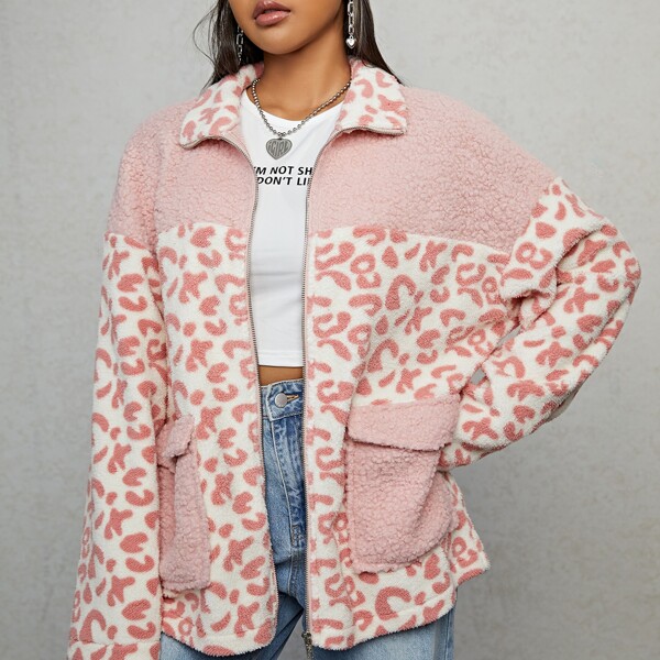 

Leopard Pattern Flap Pocket Drop Shoulder Teddy Coat, Multicolor