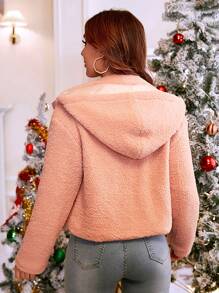 翻蓋口袋拉錬連帽泰迪夾克 - 珊瑚粉 - 查看 2