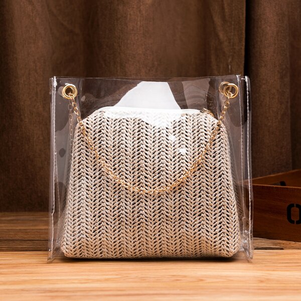

Clear Bucket Bag With Straw Inner Pouch, Beige