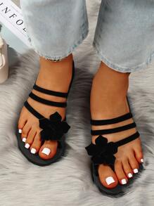 Women Black Appliques Decor Slippers, Toe Post Suedette Flip Flops For Daily - Black - View 5