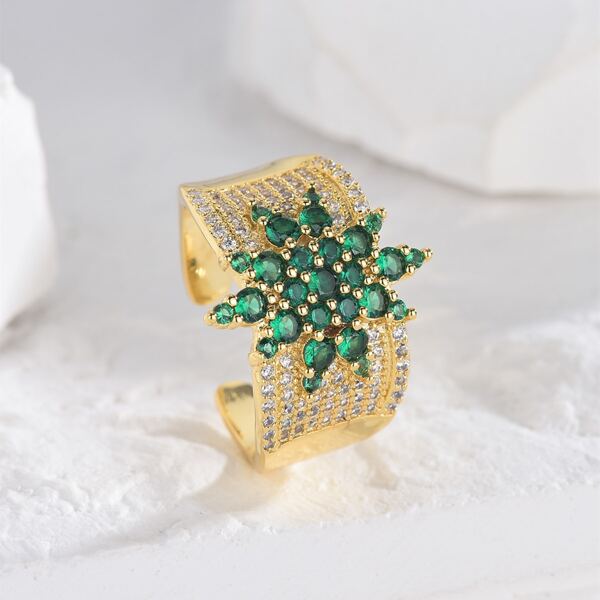 

Zircon Flower Decor Cuff Ring, Gold