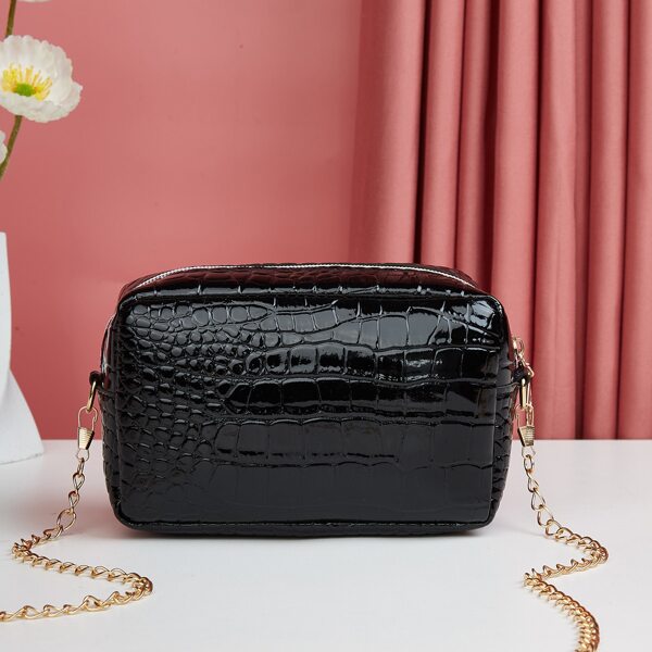 

Crocodile Embossed Chain Crossbody Bag, Black