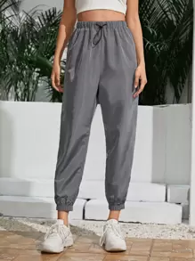 SHEIN Pantalones rompevientos de cintura con cordón - Gris - Ver 1